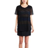 Curved Hem Tee with Lace Applique - Black/Navy
