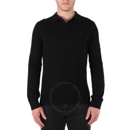 Mens Black Long Sleeve Merino Wool Polo Shirt, Size Small