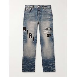 Straight-Leg Logo-Appliqued Embroidered Distressed Jeans