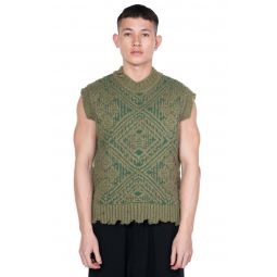 Knitted Jacquard Crew-neck Vest - Khaki