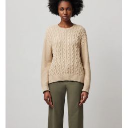 Cotton Blend Cable Crew Neck Sweater - Shiitake