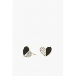Black Ceramic Pave Folded Heart Posts in Yellow Gold