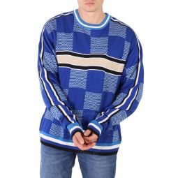 Mens Merino Wool And Cotton Checkerboard Jacquard Sweater, Size X-Large
