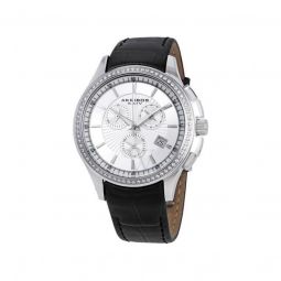 Womens Silver Tone Dial Black Leather