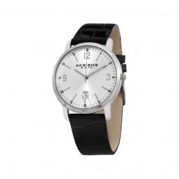 Mens Black Leather Silver Dial
