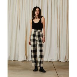 Silk Fly Front Pants with Pockets - Black/Cream Plaid