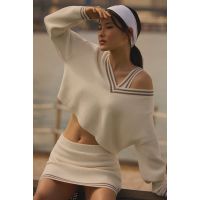 Tennis Club Sweater Knit V-Neck Pullover - Ivory/Gravel