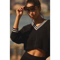Tennis Club Sweater Knit V-Neck Pullover - Black/Ivory