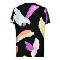 V-Neck Abstract Print Silk Top - Black Clouds