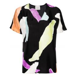 V-Neck Abstract Print Silk Top - Black Clouds