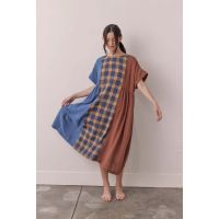 Contrast Midi Dress - Blue/Brown