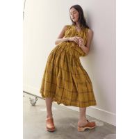 Drawstring cotton plaid skirts - Mustard plaid