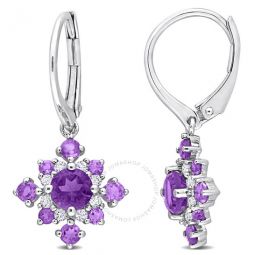 2 1/10 CT TGW Amethyst, African Amethyst and White Topaz Leverback Cluster Drop Earrings In Sterling Silver