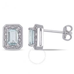 1/10 CT TW Diamond and Emerald Cut Aquamarine Halo Earrings In Sterling Silver