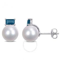 9-9.5mm Cultured Freshwater Pearl and 4/5 CT TGW Baguette London-blue Topaz Stud Earrings In 10K White Gold