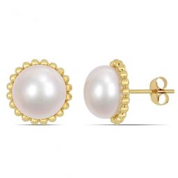 10.5-11mm Cultured Freshwater Pearl Halo Stud Earrings In 10K Yellow Gold