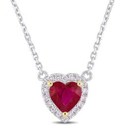 Heart Shape Ruby and Diamond Accent Halo Necklace In 14K White Gold with Yellow Gold Prongs
