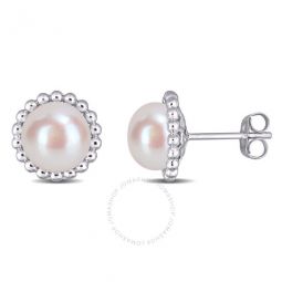 8-8.5 Mm Cultured Freshwater White Pearl Halo Stud Earrings In 10K White Gold
