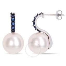 11 - 12 Mm Freshwater Cultured Pearl and 5/8 CT TGW Sapphire Drop Earrings In 10K White Gold with Black Rhodium Plated