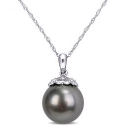 11-12 Mm Black Tahitian Cultured Pearl and Diamond Accent Drop Pendant with Chain In 10K White Gold