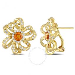1 3/5 CT TGW Madeira Citrine and White Topaz Flower Omega Clip Earrings In Yellow Plated Sterling Silver