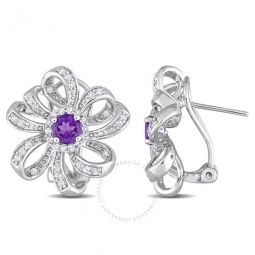 1 5/8 CT TGW African Amethyst and White Topaz Floral Clip-back Earrings In Sterling Silver