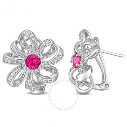 2 CT TGW Pink Topaz and White Topaz Flower Omega Clip Earrings In Sterling Silver