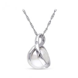 8 - 8.5 Mm Cultured Freshwater Pearl and Diamond Swirl Pendant with Chain In 10K White Gold