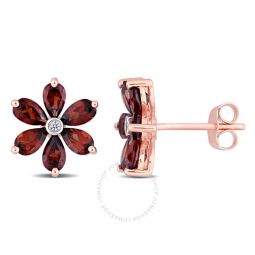 3 1/4 CT TGW Garnet and Diamond Accent Floral Stud Earrings In 10K Rose Gold