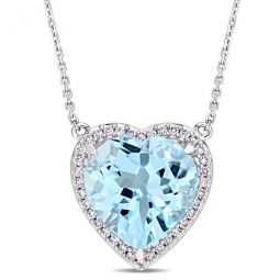 6 4/5 CT TGW Heart Shaped Blue Topaz and 1/5 CT TW Diamond Halo Pendant with Chain In 14K White Gold