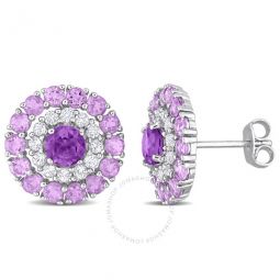 3 1/2 CT TGW Amethyst, African Amethyst and White Topaz Double Halo Stud Earrings In Sterling Silver