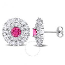 4 3/8 CT TGW Pink Topaz and White Topaz Double Halo Stud Earrings In Sterling Silver