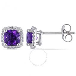 Cushion Cut Amethyst-Africa and 1/10 CT TW Diamond Halo Earrings In 10K White Gold