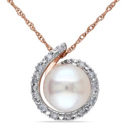 8 - 8.5 Mm Cultured Freshwater Pearl and Diamond Swirl Halo Necklace In 10K Rose Gold