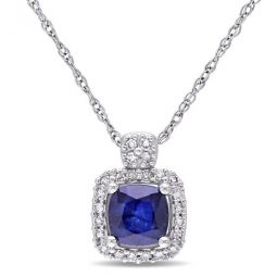 1/10 CT TW Halo Diamond and Cushion Cut Diffused Sapphire Pendant with Chain In 10K White Gold