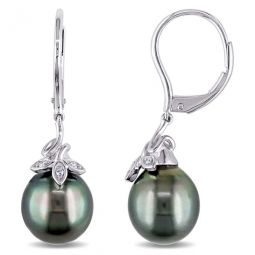 9 - 10 Mm Black Tahitian Cultured Pearl and Diamond Cluster Leaf Leverback Earrings In 10K White Gold