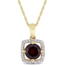 1 CT TGW Garnet and 1/10 CT TW Diamond Halo Square Drop Pendant with Chain In 10K Yellow Gold