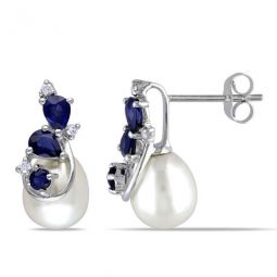 7.5 - 8 Mm White Cultured Freshwater Pearl Earrings with Diamonds and Sapphire In 10K White Gold