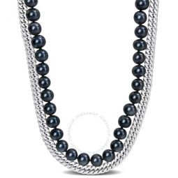 Mens 7.5-8mm Cultured Freshwater Black Pearl and Double Curb-link Chain 2-Strand Necklace In Black Plated Sterling Silver