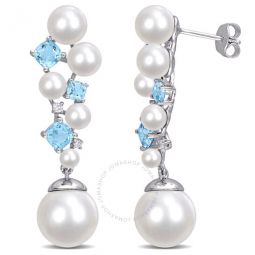 Cultured Freshwater Pearl and Swiss Blue Topaz and Diamond Accent Cluster Drop Earrings In Sterling Silver