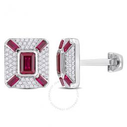 5-1/4CT TGW Octagon and Baguette-cut Created Ruby and Created White Sapphire Cufflinks In Sterling Silver