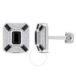 5-4/5CT TGW Octagon and Baguette-cut Created Black Sapphire and White Sapphire Cufflinks In Sterling Silver
