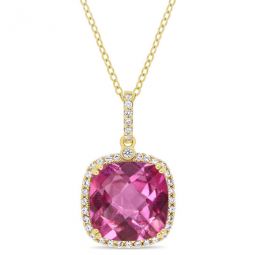 Cushion Cut Checkerboard Pink Topaz and White Sapphire Halo Pendant with Chain In Yellow Plated Sterling Silver