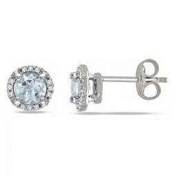 Aquamarine and Diamond Halo Stud Earrings In Sterling Silver