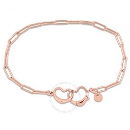 Paper Clip Link Bracelet in Pink Plated Sterling Silver with Double Heart Clasp