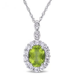 Oval Shape Peridot, White Topaz and Diamond Accent Vintage Pendant with Chain In 14K White Gold