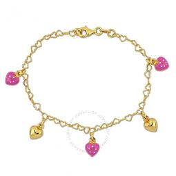 Pink Enamel Heart Charm Bracelet in Yellow Plated Sterling Silver