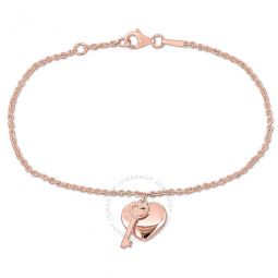 Heart & Key Charm Bracelet with Lobster Clasp in Pink Plated Sterling Silver