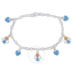 Blue Enamel Heart and Angel Charm Bracelet in Sterling Silver