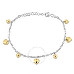 Heart Charm Station Bracelet in White and Yellow Plated Sterling Silver